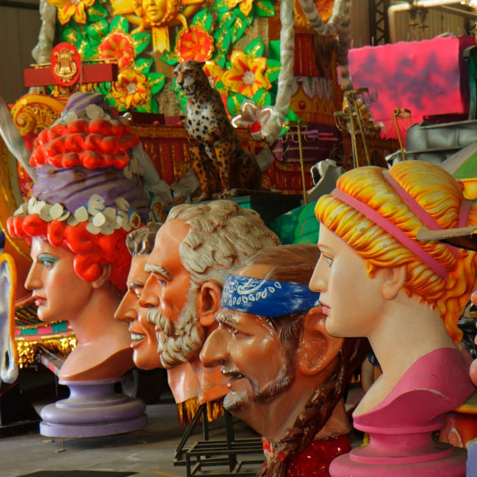 Giant head statues at Mardi Gras World. (Photo by: Jeffrey Greenberg/Universal Images Group via Getty Images)